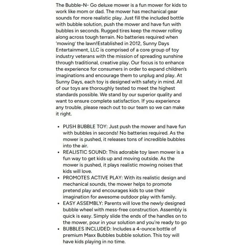 Maxx Bubbles Deluxe Bubble Push Lawn Mower Green Toy Plastic Toddler Kids - Picture 3 of 3